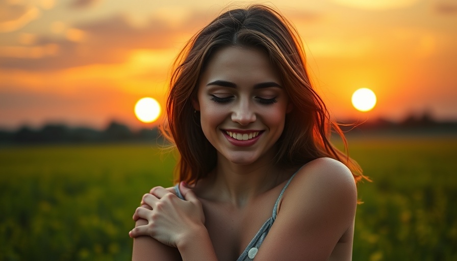Peaceful young woman embracing herself in a colorful sunset, treating yourself with love.