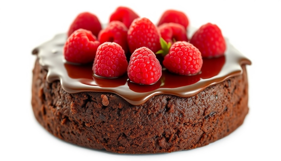 Decadent chocolate zucchini cake topped with raspberries on a white background.