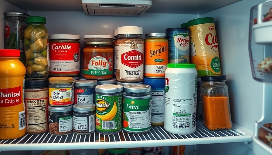 Cluttered refrigerator shelf with foods showing expiration dates, highlighting food safety concerns.