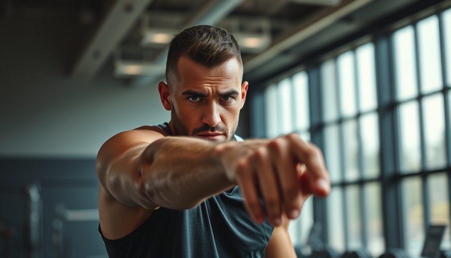 Determined man at gym pointing with motivational focus.