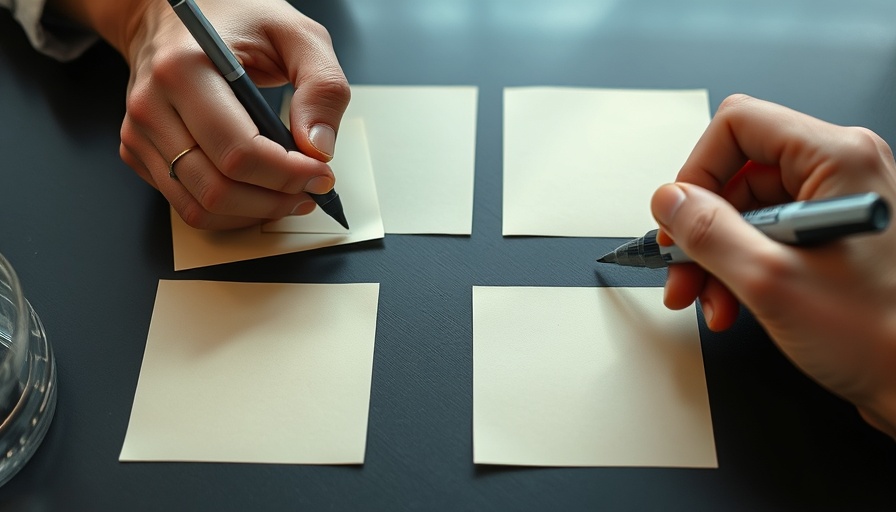 Hands preparing notes for inner peace on a dark table.