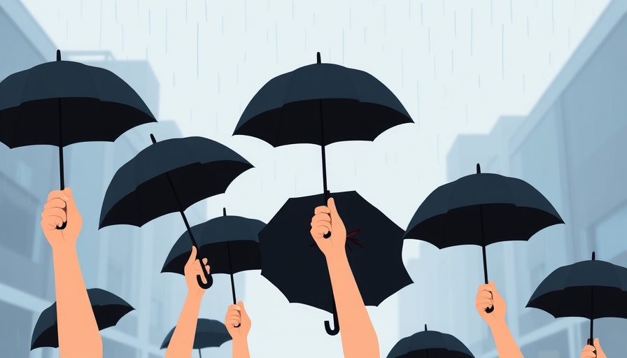 Stylized umbrellas in rain symbolizing emotional resilience.