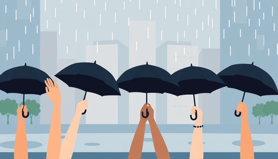 Hands holding umbrellas in rain, simple vector cityscape.