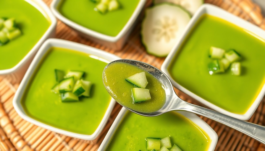Green Gazpacho recipe in white bowls on bamboo mat.