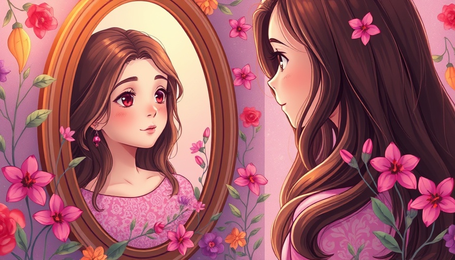 Whimsical art: Woman seeing her younger self in mirror, colorful flowers, nurturing inner child.