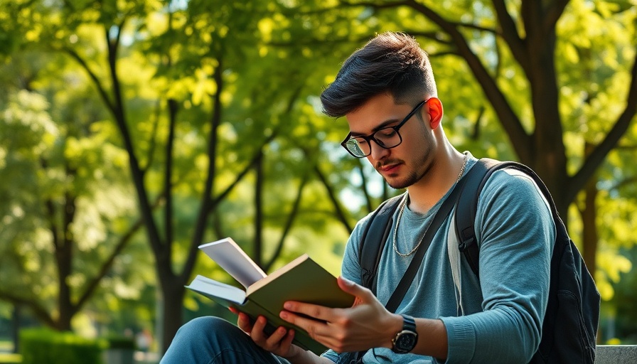 Person ignoring book for smartphone in park, decline in leisure reading.