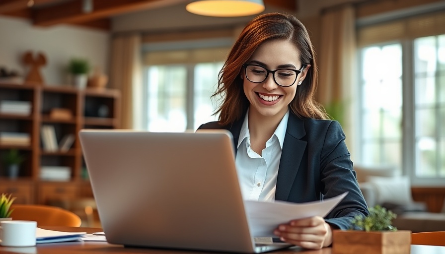 Remote work tips: woman reviewing documents and smiling at home office.
