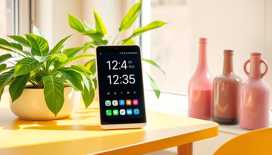Smart display showing time and weather by window, with plants.