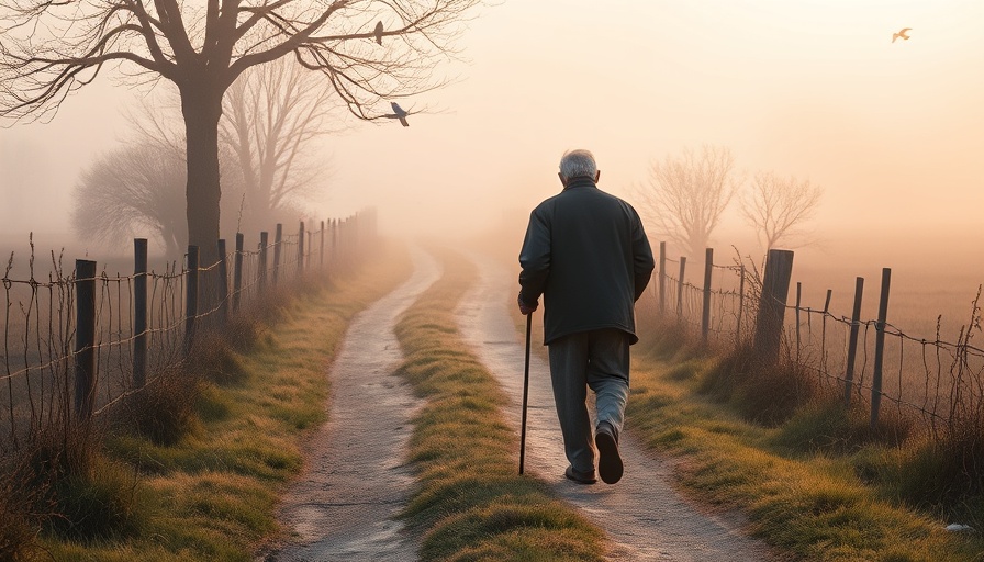 Serene scene of elderly man walking on misty path embodying life's wake-up calls.