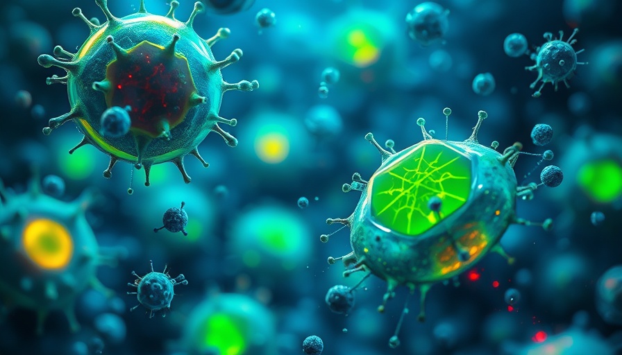 Abstract visualization of particles in cells representing ReHMGB1 cellular senescence.