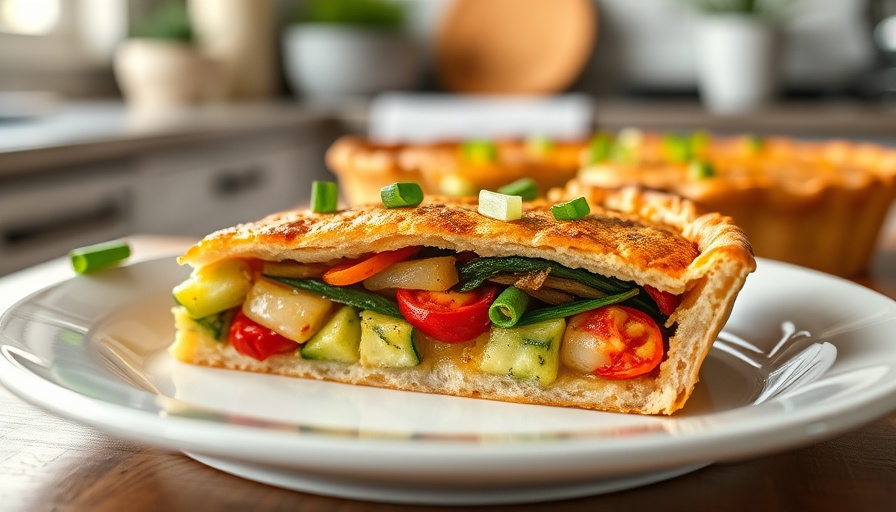 Slice of summer garden crustless zucchini pie with green onions on a white plate.