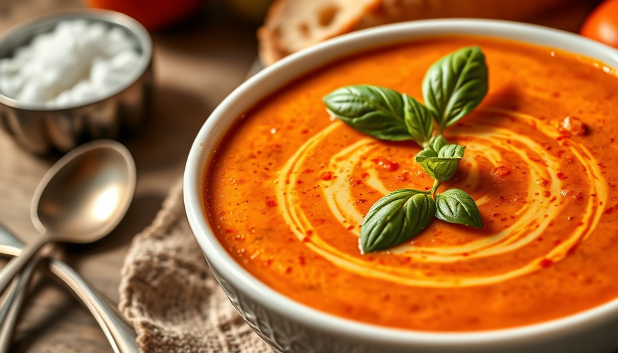 Close-up of creamy tomato bisque recipe in a white bowl with basil garnish.