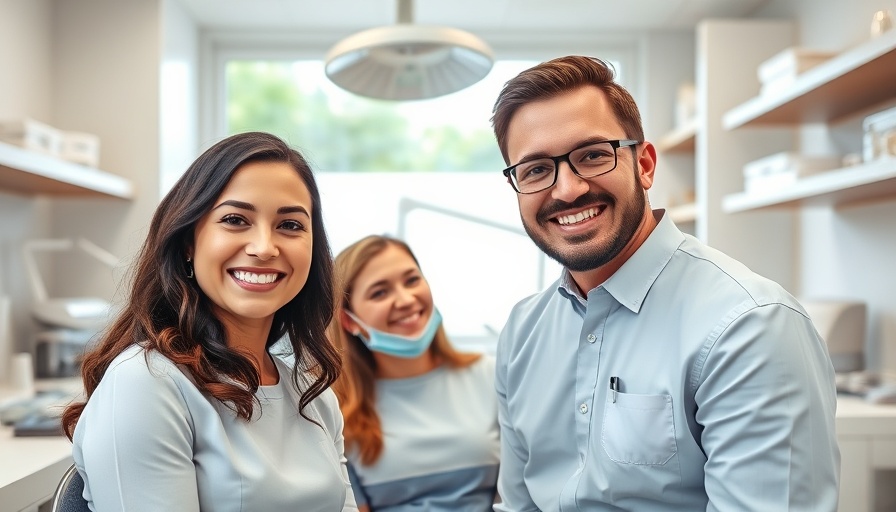 People smiling in a dental office, cosmetic dentistry procedures to improve smile.