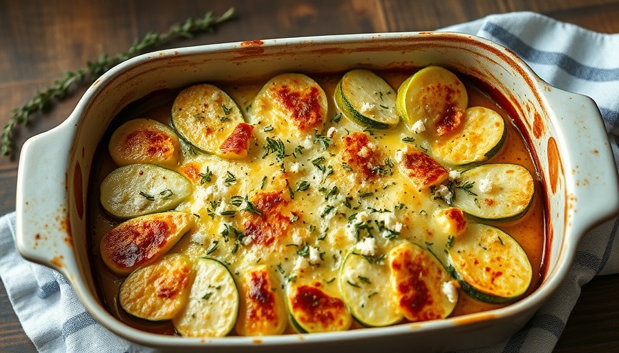 Appetizing Zucchini Feta Bake with thyme fresh from oven.