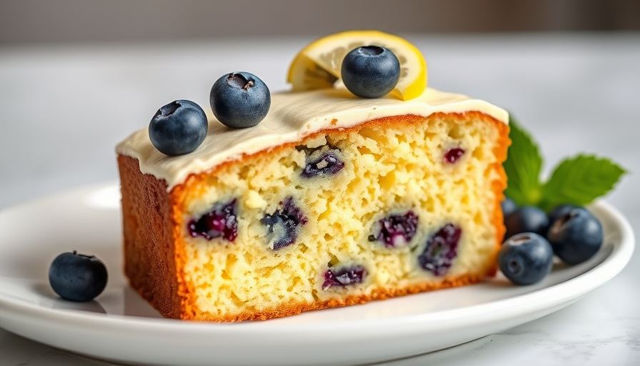Moist lemon blueberry zucchini cake slice with fresh blueberries.