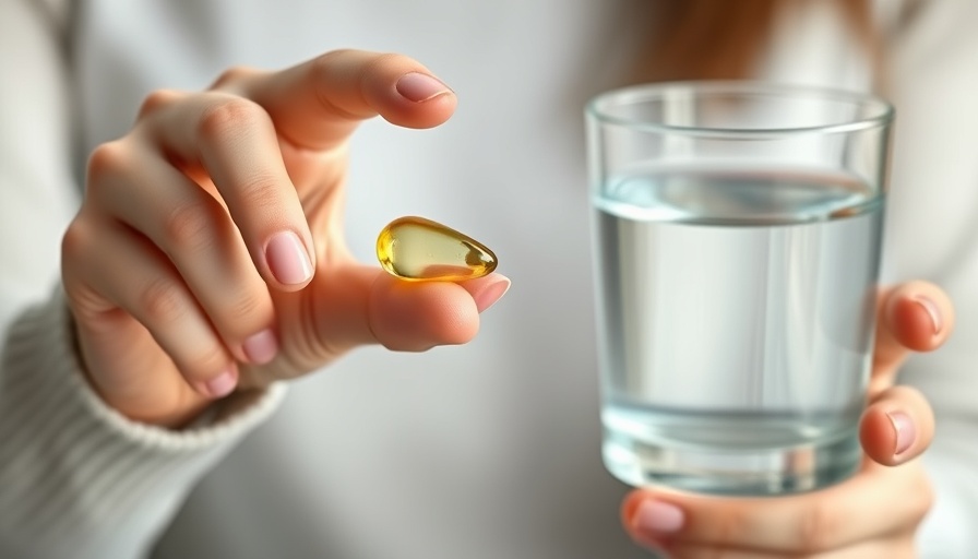 Woman holding fish oil capsule and water, related to omega-3 deficiency women's Alzheimer’s risk.