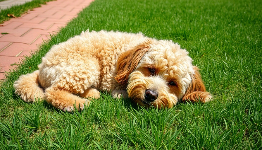Curly dog relaxing on grass, enjoying weekend family activities in sun.