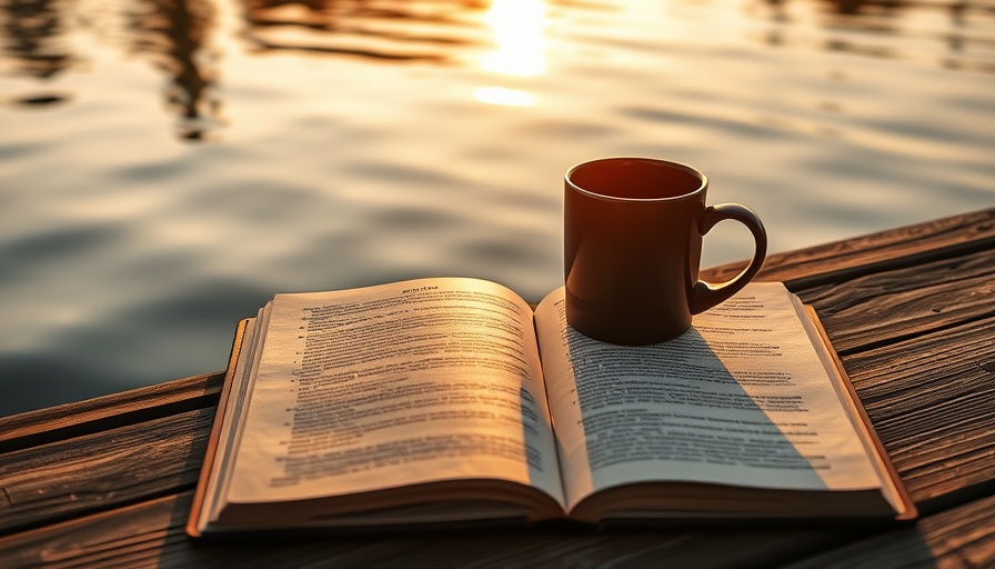 Serene open book and coffee mug at sunrise, reflecting tiny daily rituals.
