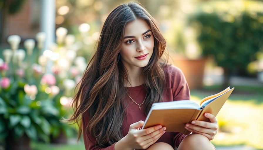 Young woman with notebook for personal growth, sitting outdoors.
