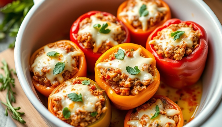 Italian stuffed peppers with savory cheese filling in a baking dish.
