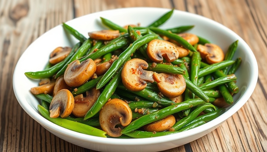 Healthy green beans stir fry recipe in white dish with mushrooms.