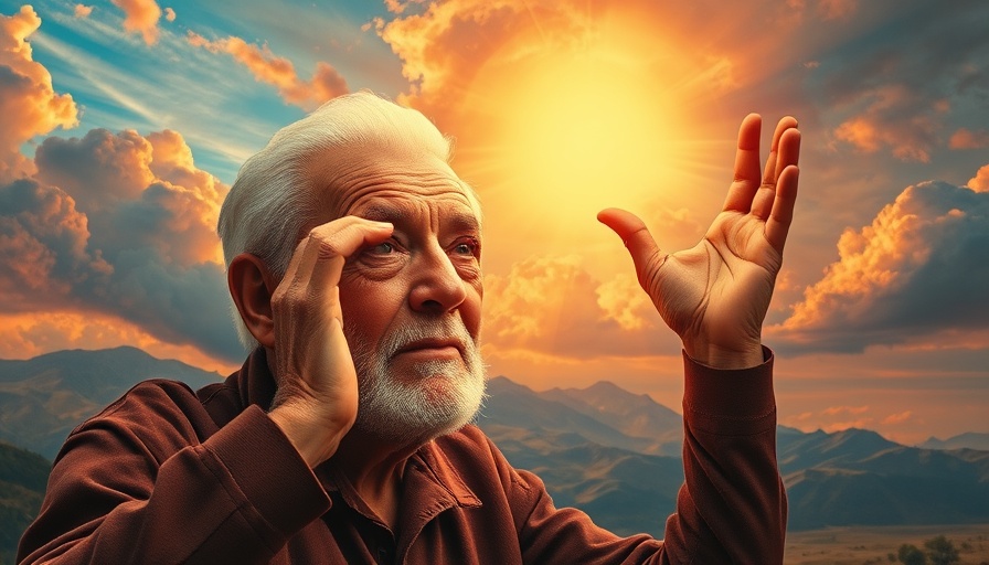 Elderly man reaches toward radiant hand, symbolizing vulnerability in personal growth.