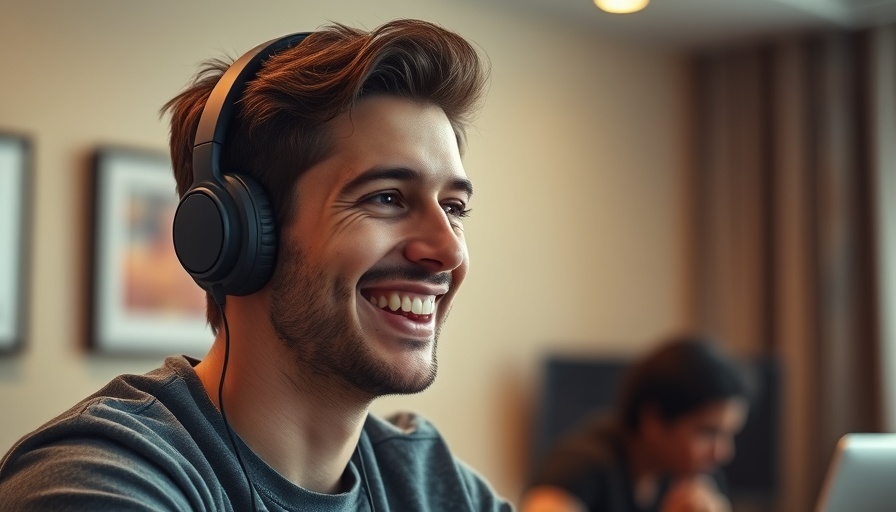 Young man discussing automated music selection for video editing with headphones in a room.