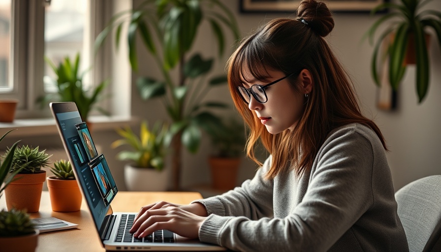 Young woman using AI image generator in a cozy workspace.