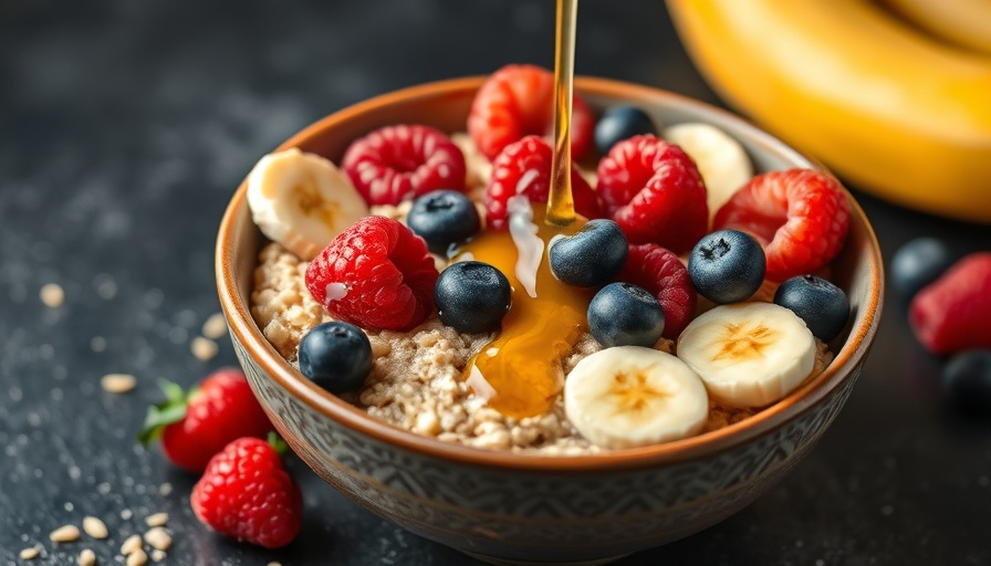 Protein oatmeal topped with banana, raspberries, blueberries, and honey.