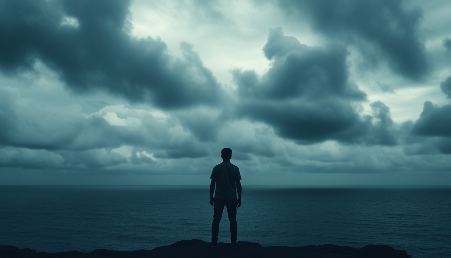 Solitary figure gazing at ocean under a cloudy sky, drain daily potential.