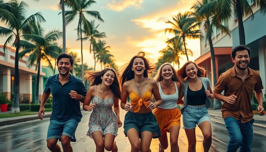 Joyful group choosing the rain, tropical street, painterly style.
