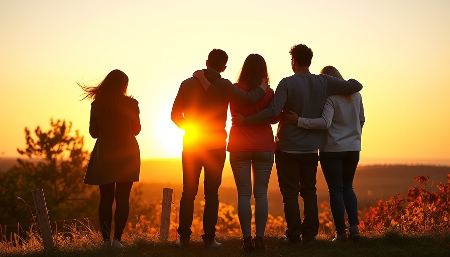 Mindful Practices for Relationships: Four friends at sunset embracing.