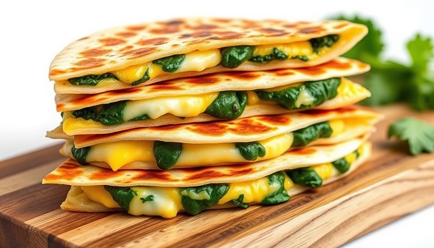 Stack of freezer-friendly breakfast quesadillas with eggs and spinach.