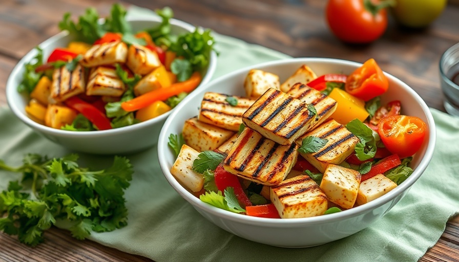 Colorful grilled halloumi salad with peppers and fresh greens.