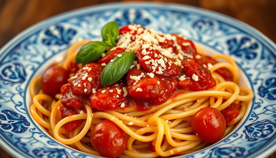 Pasta with roasted cherry tomato sauce and basil on a decorative plate.
