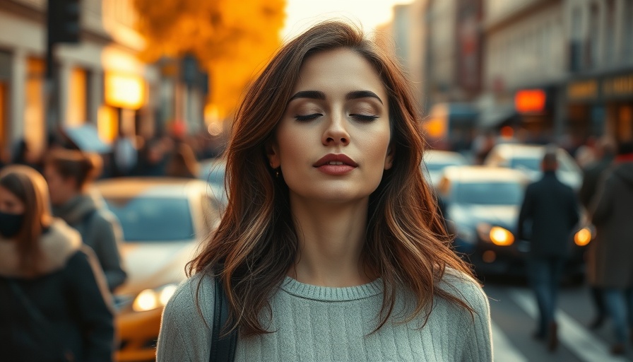 Serene woman practicing mindfulness amidst city's hustle.