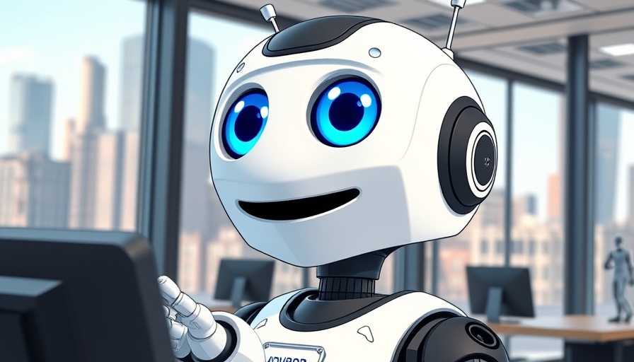 AI companion chatbots with phone calls: friendly robot in video chat in office.