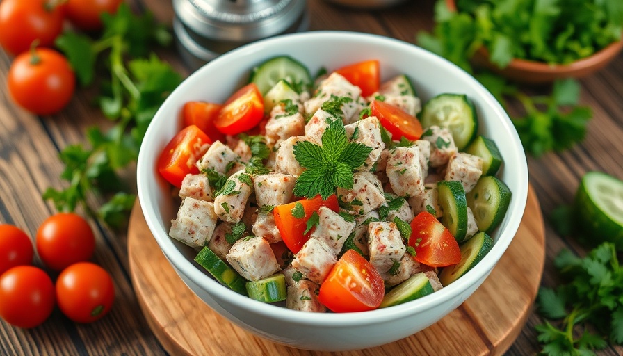 Vibrant tuna salad with cucumbers, tomatoes, fresh herbs on rustic table.