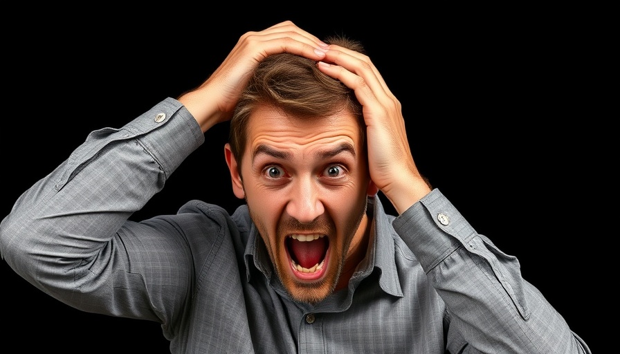 Alarmed man with head in hands, text: AI's evil plot.