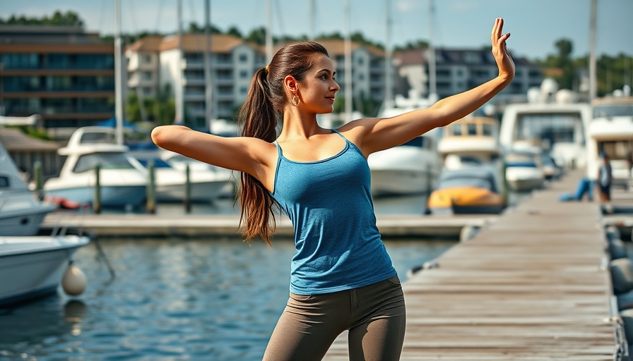 Self-Confident woman stretching on a dock, showcasing personal growth.