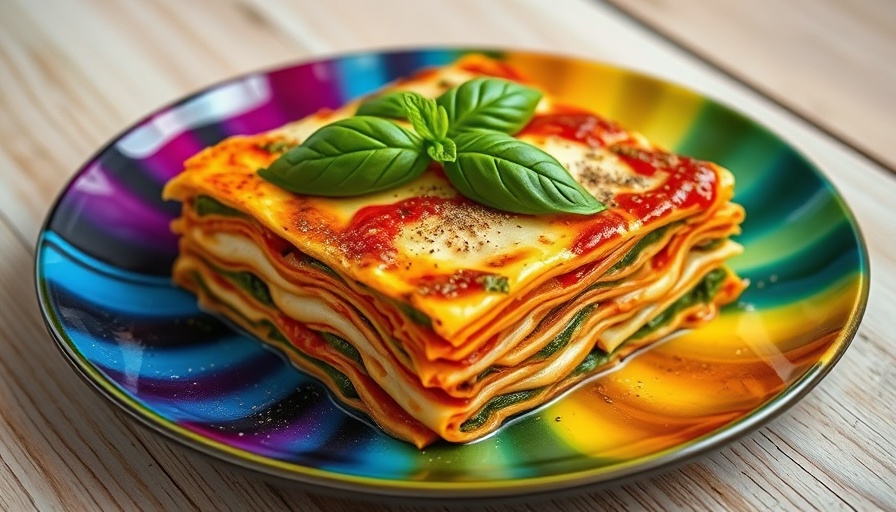 Vibrant tie-dye vegetarian lasagna with pesto and tomato.