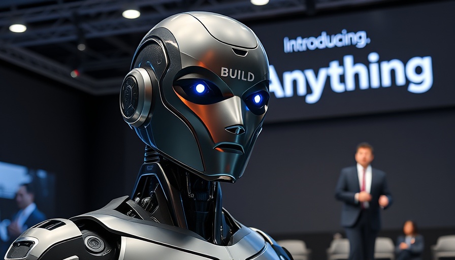 Advanced AI robot presentation at a conference with speaker on stage, 'AI Tool Build Anything.'
