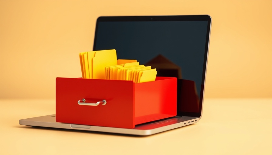 Digital offboarding practices: folders emerging from laptop drawer.