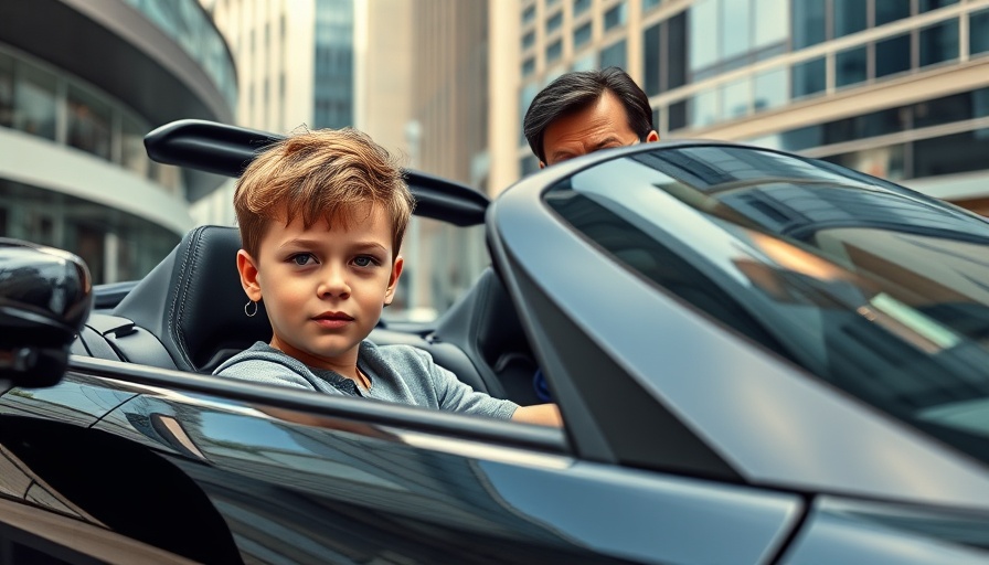 Young boy in sports car with older male in urban setting, AI Technology and Identity Transformation.