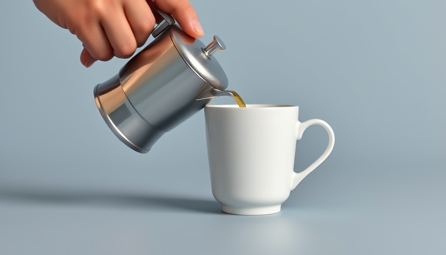 Hand pouring coffee from moka pot into mug, minimalist scene