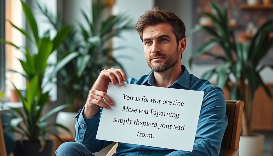 AI Technological Displacement concept, man holding informative sign indoors.