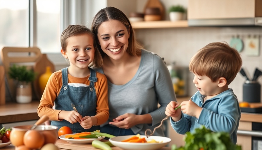 Mother and kids practicing mindful eating for kids in kitchen.