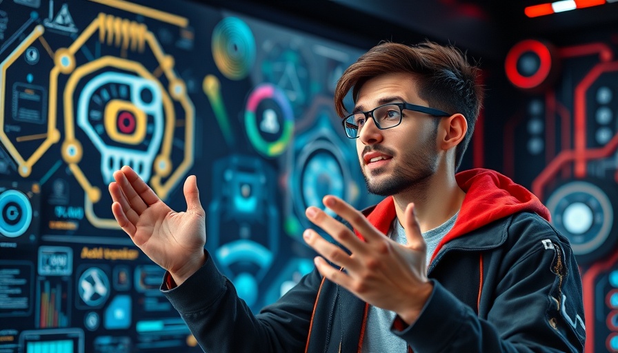 Man discussing future of AI in a futuristic digital setting.