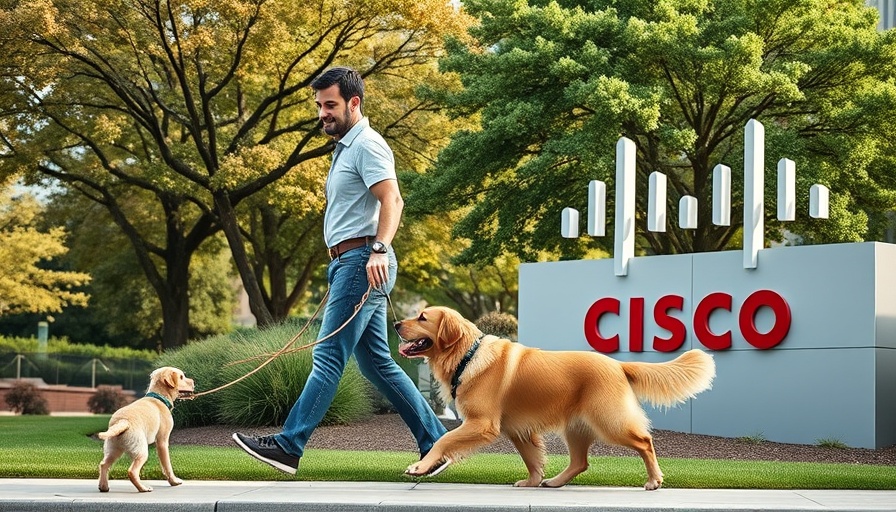 Man walking dog near Cisco sign, AI training for Americans.