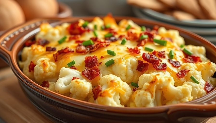 Savory creamy cauliflower casserole topped with cheese and bacon.